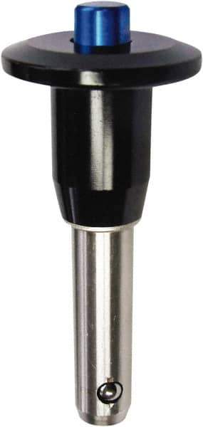 Monroe Engineering Products - 3/4" Diam, 4" Usable Length, Button Handle, Push Button Quick Release Pin - 6-3/8" OAL, Grade 4140 Steel, Zinc-Plated Finish - Eagle Tool & Supply
