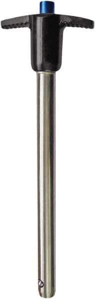 Monroe Engineering Products - 9/16" Diam, 4" Usable Length, T Handle, Push Button Quick Release Pin - 5-1/8" OAL, Grade 4140 Steel, Zinc-Plated Finish - Eagle Tool & Supply