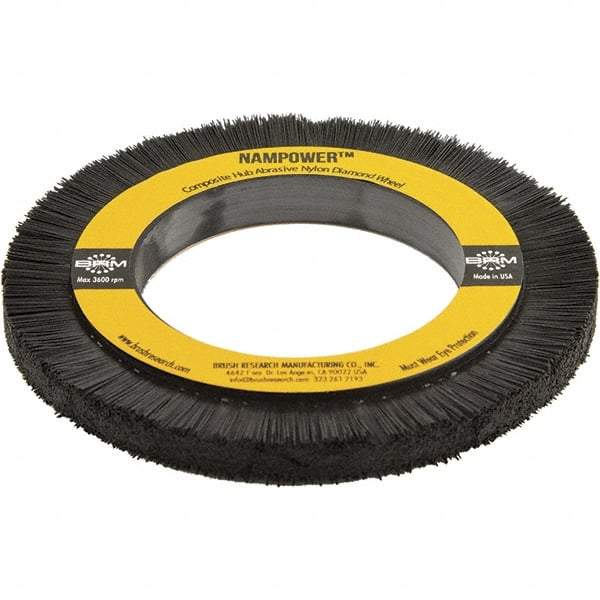 Brush Research Mfg. - 5-29/32" OD, 3-1/4" Arbor Hole, Crimped Abrasive Nylon Wheel Brush - 0.5906" Face Width, 3/4" Trim Length, 3,600 RPM - Eagle Tool & Supply