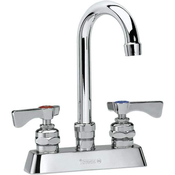 Krowne - Deck Mount, Low Arc Deck Mount Faucet - Two Handle, Color Coded, Blade Handle, Gooseneck Spout and Nozzle, No Drain - Eagle Tool & Supply