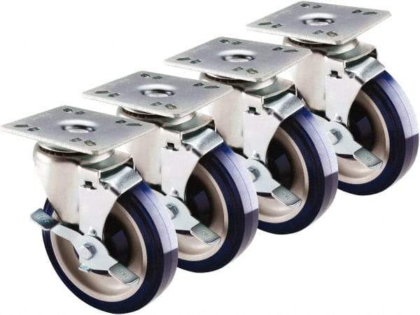 Krowne - 5" Diam x 1" Wide x 6" OAH Top Plate Mount Swivel Caster with Brake - Polyethylene, 200 Lb Capacity, 4 x 4" Plate - Eagle Tool & Supply