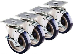 Krowne - 5" Diam x 1" Wide x 6" OAH Top Plate Mount Swivel Caster with Brake - Polyethylene, 200 Lb Capacity, 4 x 4" Plate - Eagle Tool & Supply