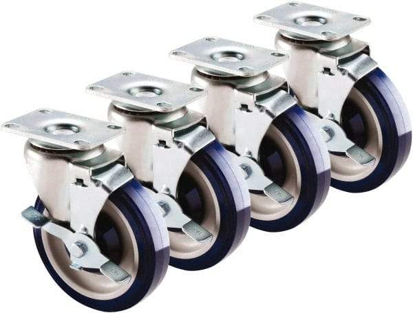 Krowne - 5" Diam x 1" Wide x 6" OAH Top Plate Mount Swivel Caster with Brake - Polyethylene, 200 Lb Capacity, 2-3/8 x 3-5/8" Plate - Eagle Tool & Supply