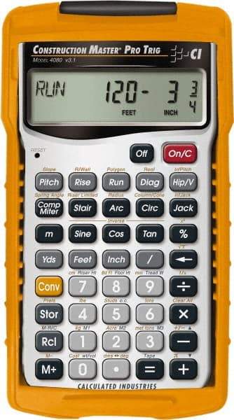 Calculated Industries - 11-Digit (7 normal, 4 Fractions) with Full Annunciators Handheld Calculator - 5/8" x 2-1/2" (15.00mm x 65.0mm) Display Size, Silver & Yellow, LR-44/A76 Powered - Eagle Tool & Supply