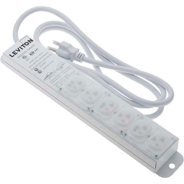 Leviton - 6 Outlets, 125 VAC20 Amps, 7' Cord, Standard Power Outlet Strip - Wall/Surface Mount, 5-20 NEMA Configuration, 1-1/4' Strip, UL 60601-1 - Eagle Tool & Supply