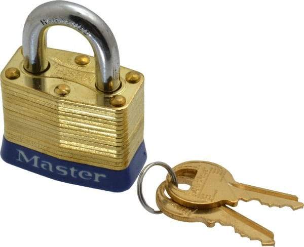 Master Lock - 3/4" Shackle Clearance, Keyed Alike Laminated Brass Padlock - 9/32" Shackle Diam, Brass - Eagle Tool & Supply