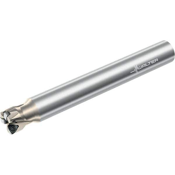 Walter - 21° Lead Angle, 1-1/4" Max Cut Diam, 0.793" Min Cut Diam, 0.039" Max Depth of Cut, Indexable Chamfer & Angle End Mill - 3 Inserts, P23696 Insert Style, 4.37" OAL, Through Coolant, Weldon Flat - Eagle Tool & Supply