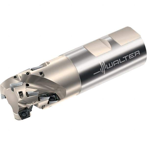 Walter - 25mm Cut Diam, 30mm Max Depth of Cut, 25mm Shank Diam, 100mm OAL, Indexable Square Shoulder Helical End Mill - Multiple Insert Styles, Weldon Shank, 90° Lead Angle, Through Coolant, Series Xtra-tec - Eagle Tool & Supply