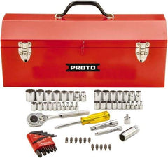 Proto - 65 Piece 1/4 & 3/8" Drive Standard Socket Set - 6 & 12 Points, 1/4 to 5/8", 4 to 17mm, Inch/Metric Measurement Standard - Eagle Tool & Supply