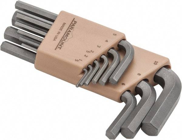 Paramount - 9 Piece L-Key Short Arm Hex Key Set - Hex Range 1.5 to 10mm, Steel - Eagle Tool & Supply