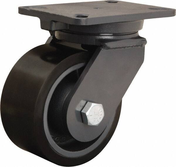 Hamilton - 6" Diam x 3" Wide x 8" OAH Top Plate Mount Swivel Caster - Polyurethane Mold onto Cast Iron Center, 2,860 Lb Capacity, Sealed Precision Ball Bearing, 5-1/4 x 7-1/4" Plate - Eagle Tool & Supply