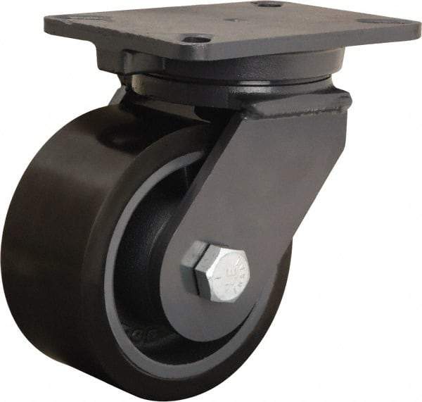 Hamilton - 6" Diam x 3" Wide x 8" OAH Top Plate Mount Swivel Caster - Polyurethane Mold onto Cast Iron Center, 2,860 Lb Capacity, Tapered Roller Bearing, 5-1/4 x 7-1/4" Plate - Eagle Tool & Supply
