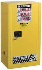 Justrite - 1 Door, 1 Shelf, Yellow Steel Space Saver Safety Cabinet for Flammable and Combustible Liquids - 44" High x 23-1/4" Wide x 18" Deep, Self Closing Door, 15 Gal Capacity - Eagle Tool & Supply