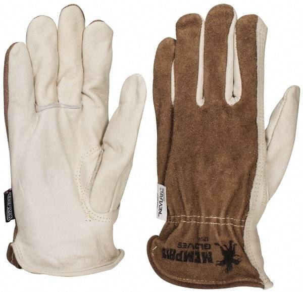 MCR Safety - Size L (9) Split Back/Grain Palm Cowhide General Protection Work Gloves - For Work & Driver, Uncoated, Full Fingered, Cream/Black/Brown, Paired - Eagle Tool & Supply