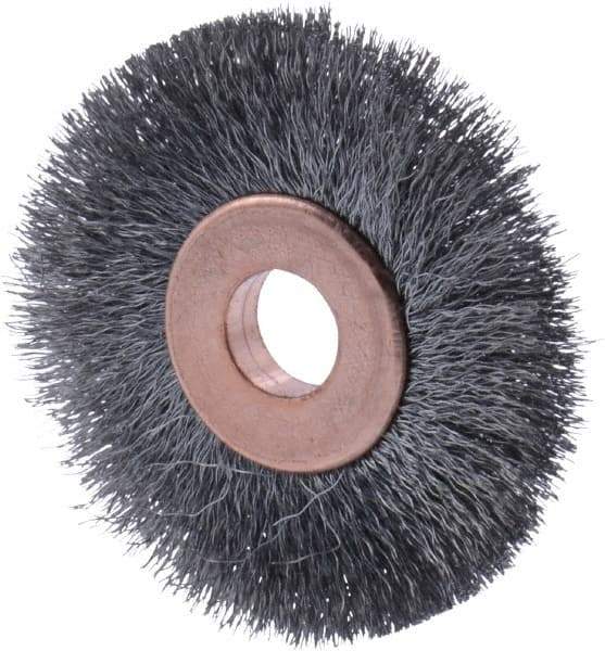 Osborn - 1-1/2" OD, 1/4" Arbor Hole, Crimped Steel Wheel Brush - 1/8" Face Width, 21/64" Trim Length, 0.003" Filament Diam, 20,000 RPM - Eagle Tool & Supply