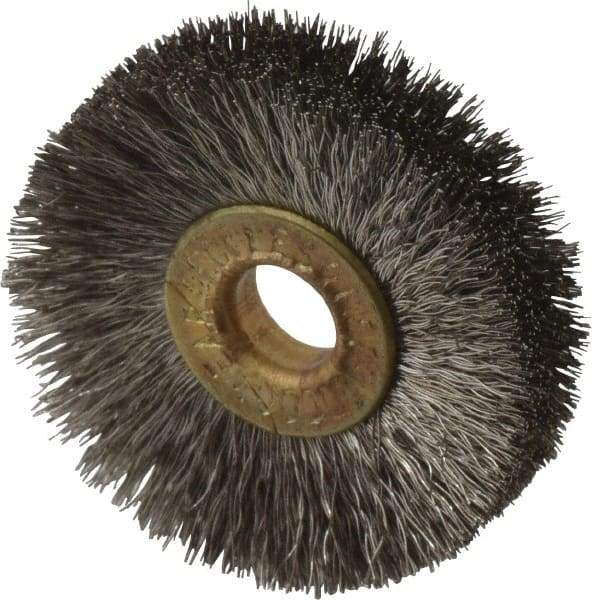 Osborn - 1-1/4" OD, 1/4" Arbor Hole, Crimped Stainless Steel Wheel Brush - 3/16" Face Width, 21/64" Trim Length, 0.005" Filament Diam, 20,000 RPM - Eagle Tool & Supply