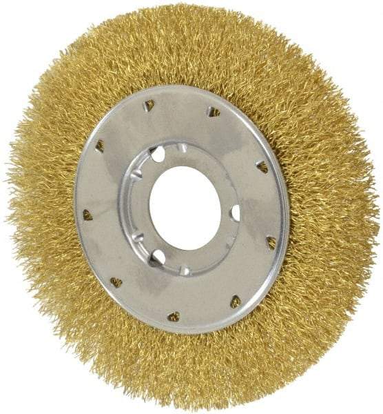 Osborn - 6" OD, 1-1/4" Arbor Hole, Crimped Brass Wheel Brush - 5/8" Face Width, 1-1/8" Trim Length, 0.014" Filament Diam, 6,000 RPM - Eagle Tool & Supply