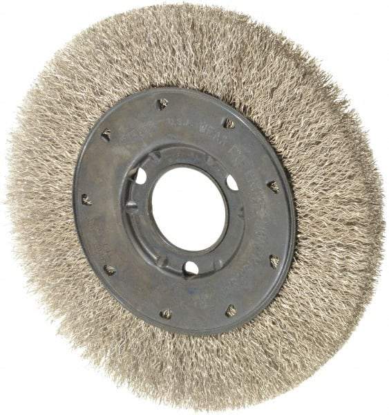 Osborn - 6" OD, 1-1/4" Arbor Hole, Crimped Stainless Steel Wheel Brush - 5/8" Face Width, 1-1/8" Trim Length, 0.0104" Filament Diam, 6,000 RPM - Eagle Tool & Supply