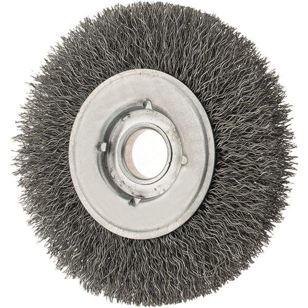 Osborn - 4" OD, 5/8" Arbor Hole, Crimped Steel Wheel Brush - 5/8" Face Width, 13/16" Trim Length, 0.0118" Filament Diam, 6,000 RPM - Eagle Tool & Supply