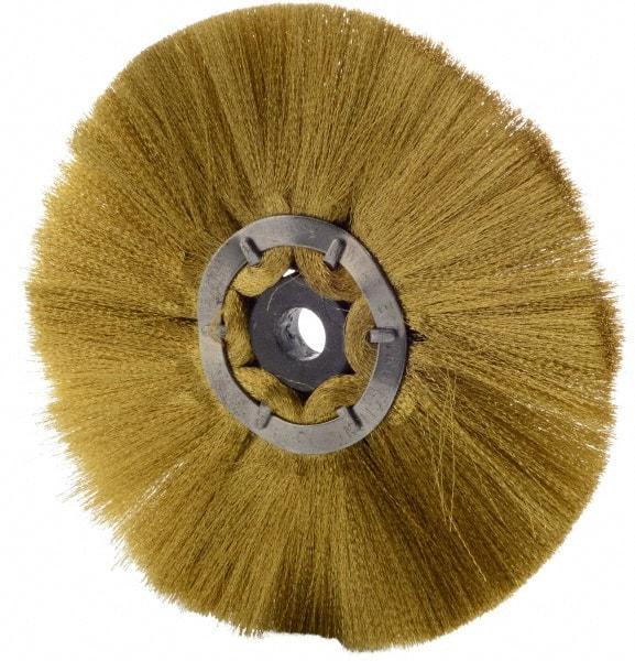 Osborn - 6" OD, 1/2" Arbor Hole, Crimped Brass Wheel Brush - 1/2" Face Width, 1-7/8" Trim Length, 0.005" Filament Diam, 4,000 RPM - Eagle Tool & Supply