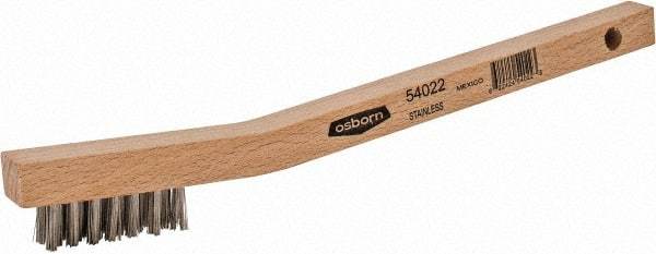 Osborn - 3 Rows x 7 Columns Stainless Steel Scratch Brush - 1-7/16" Brush Length, 7-3/4" OAL, 7/16" Trim Length, Wood Curved Handle - Eagle Tool & Supply