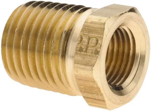 Parker - 1/4 Male Thread x 1/8 Female Thread, Brass Industrial Pipe Hex Bushing - MNPTF x FNPTF, 1,000 psi - Eagle Tool & Supply