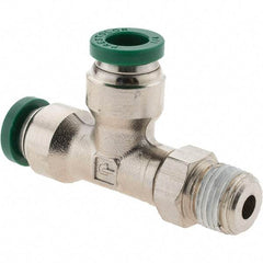 Parker - 1/4" Outside Diam, 1/8 NPTF, Nickel Plated Brass Push-to-Connect Tube Male Swivel Run Tee - 300 Max psi, Tube to Male NPT Connection, Nitrile O-Ring - Eagle Tool & Supply