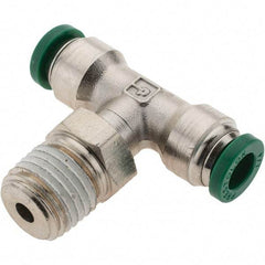 Parker - 1/4" Outside Diam, 1/4 NPTF, Nickel Plated Brass Push-to-Connect Tube Male Swivel Branch Tee - 300 Max psi, Tube to Male NPT Connection, Nitrile O-Ring - Eagle Tool & Supply