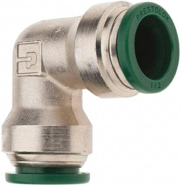 Parker - 1/2" Outside Diam, Nickel Plated Brass Push-to-Connect Tube Union Elbow - 300 Max psi, Tube to Tube Connection, Nitrile O-Ring - Eagle Tool & Supply