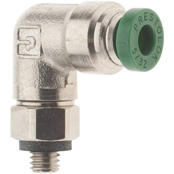 Parker - 5/32" Outside Diam, 10-32 UNF, Nickel Plated Brass Push-to-Connect Tube Male Swivel Elbow - 300 Max psi, Tube to Male UNF Connection, Nitrile O-Ring - Eagle Tool & Supply
