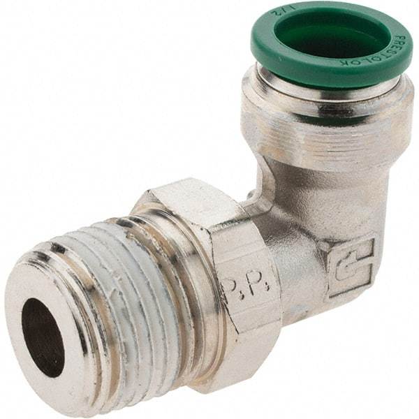 Parker - 1/2" Outside Diam, 1/2 NPTF, Nickel Plated Brass Push-to-Connect Tube Male Swivel Elbow - 300 Max psi, Tube to Male NPT Connection, Nitrile O-Ring - Eagle Tool & Supply