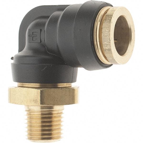 Parker - 1/2" Outside Diam, 1/4 Thread, Brass Push-to-Connect Tube Male Elbow - 250 Max psi, Tube to Male NPT Connection - Eagle Tool & Supply