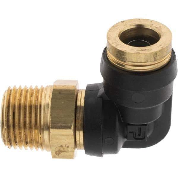 Parker - 3/8" Outside Diam, 3/8 Thread, Brass Push-to-Connect Tube Male Elbow - 250 Max psi, Tube to Male NPT Connection - Eagle Tool & Supply