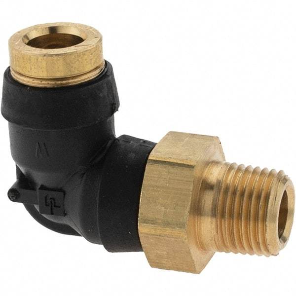Parker - 1/4" Outside Diam, 1/8 Thread, Brass Push-to-Connect Tube Male Elbow - 250 Max psi, Tube to Male NPT Connection - Eagle Tool & Supply