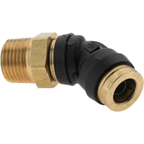 Parker - 3/8" Outside Diam, 3/8 Thread, Brass Push-to-Connect Tube Male 45° Elbow - 250 Max psi, Tube to Male NPT Connection - Eagle Tool & Supply