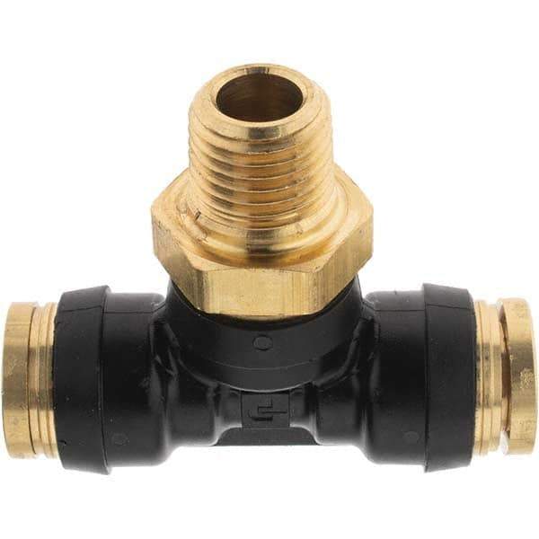 Parker - 3/8" Outside Diam, 1/4 Thread, Brass Push-to-Connect Tube Male Branch Tee - 250 Max psi, Tube to Male NPT Connection - Eagle Tool & Supply