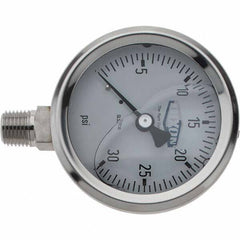 Value Collection - 2-1/2" Dial, 1/4 Thread, 0-30 Scale Range, Pressure Gauge - Lower Connection Mount, Accurate to 2-1-2% of Scale - Eagle Tool & Supply