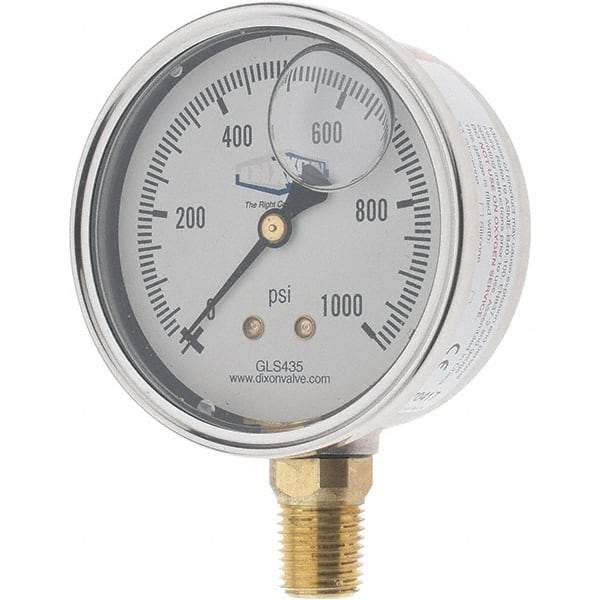 Value Collection - 2-1/2" Dial, 1/4 Thread, 0-1,000 Scale Range, Pressure Gauge - Lower Connection Mount, Accurate to 2-1-2% of Scale - Eagle Tool & Supply