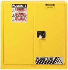 Justrite - 2 Door, 3 Shelf, Yellow Steel Standard Safety Cabinet for Flammable and Combustible Liquids - 44" High x 43" Wide x 18" Deep, Manual Closing Door, 3 Point Key Lock, 40 Gal Capacity - Eagle Tool & Supply