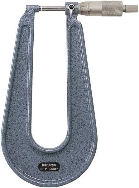 Mitutoyo - 0 to 1" Range, 0.0001" Graduation, Mechanical Outside Micrometer - Ratchet Stop Thimble, 6.3" Throat Depth, Accurate to 0.0002" - Eagle Tool & Supply
