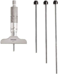 Mitutoyo - 0 to 4" Range, 4 Rod, Mechanical Depth Micrometer - Ratchet Stop Thimble, 2-1/2" Base Length, 0.01mm Graduation, 4.5mm Rod Diam - Eagle Tool & Supply
