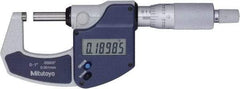 Mitutoyo - 0 to 1" Range, 0" Resolution, Standard Throat, Electronic Outside Micrometer - 0.0001" Accuracy, Ratchet Stop Thimble, Rotating Spindle, SR44 Battery, Includes NIST Traceability Certification - Eagle Tool & Supply