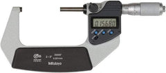 Mitutoyo - 2 to 3 Inch Range, 0 Inch Resolution, Standard Throat, IP65 Electronic Outside Micrometer - 0.0001 Inch Accuracy, Ratchet Friction Thimble, Rotating Spindle, SR44 Battery, Includes NIST Traceability Certification - Eagle Tool & Supply
