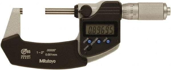 Mitutoyo - 1 to 2 Inch Range, 0 Inch Resolution, Standard Throat, IP65 Electronic Outside Micrometer - 0.0001 Inch Accuracy, Ratchet Friction Thimble, Rotating Spindle, SR44 Battery, Includes NIST Traceability Certification - Eagle Tool & Supply