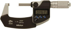 Mitutoyo - 1 to 2 Inch Range, 0 Inch Resolution, Standard Throat, IP65 Electronic Outside Micrometer - 0.0001 Inch Accuracy, Ratchet Friction Thimble, Rotating Spindle, SR44 Battery, Includes NIST Traceability Certification - Eagle Tool & Supply