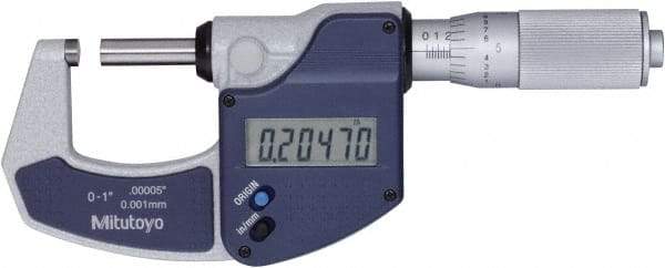 Mitutoyo - 0 to 1" Range, 0" Resolution, Standard Throat, Electronic Outside Micrometer - 0.0001" Accuracy, Friction Thimble, Rotating Spindle, SR44 Battery, Includes NIST Traceability Certification - Eagle Tool & Supply