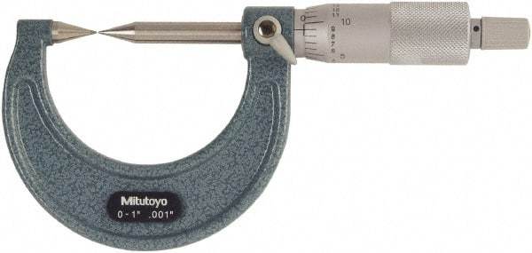 Mitutoyo - 1 Inch, 38mm Throat Depth, Ratchet Stop, Mechanical Point Micrometer - Accurate Up to 0.00015 Inch, 0.001 Inch Graduation, 30° Point Angle, 6.35mm Spindle Diameter - Eagle Tool & Supply
