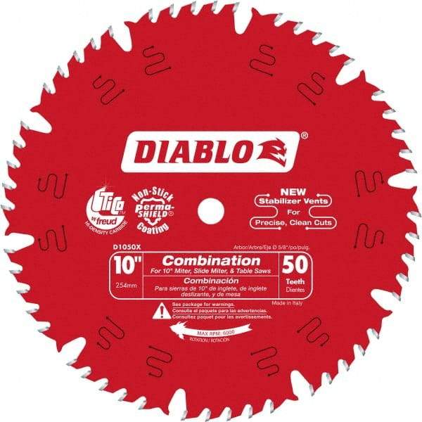 Freud - 10" Diam, 5/8" Arbor Hole Diam, 50 Tooth Wet & Dry Cut Saw Blade - Carbide-Tipped, Standard Round Arbor - Eagle Tool & Supply