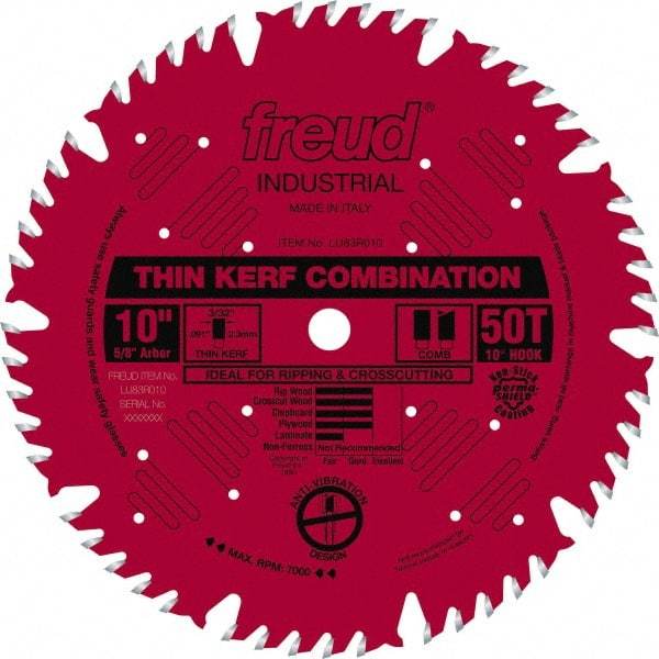 Freud - 10" Diam, 5/8" Arbor Hole Diam, 50 Tooth Wet & Dry Cut Saw Blade - Carbide-Tipped, Combination Action, Standard Round Arbor - Eagle Tool & Supply