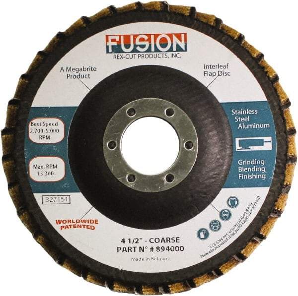 Rex Cut Product - 60 Grit, 4-1/2" Disc Diam, 7/8" Center Hole, Type 29 Aluminum Oxide Flap Disc - 13,300 Max RPM, Fiberglass Backing, Arbor Attaching System, Coated & Non-Woven Combo - Eagle Tool & Supply